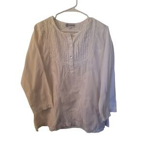 Ladies sz LG white cotton embroidered tunic boho cottage blouse